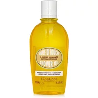 L'Occitane Almond Shower Oil 250ml, transparent yellow bottle with white cap and beige label.