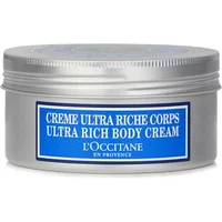 L'Occitane Shea Butter Ultra Rich Body Cream in a silver jar with blue label, 200ml size.