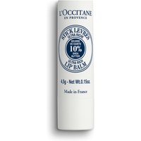 White L'Occitane lip balm stick with blue text, shea butter label, and 4.5g net weight.