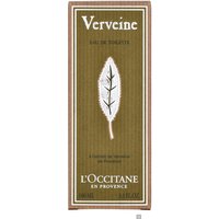 Green rectangular box with white leaf design, labeled "Verveine Eau de Toilette" by L'Occitane, 100ml size.