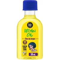 Lola Argan Oil Hair Oil 50ml in a yellow bottle with a blue cap and colorful label featuring a woman's illustration.