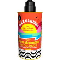 Lola Ela É Carioca curl styling cream 480g, vibrant yellow and pink label, black pump top, colorful design.