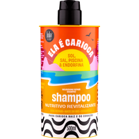 Orange Lola Ela É Carioca Shampoo bottle, 500 ml, with colorful wave design and black cap.