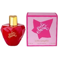Red heart-shaped Lolita Lempicka So Sweet Eau De Parfum bottle with gold cap, next to pink box with bold logo.