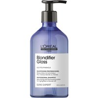 Blue pump bottle of L'Oréal Professionnel Blondifier Gloss Shampoo, 500ml, with white label and black text.