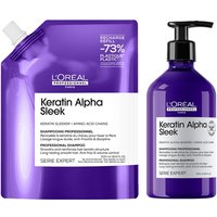 Purple L'Oréal Professionnel Keratin Alpha Sleek 500ml shampoo bottle with pump and matching refill pouch.