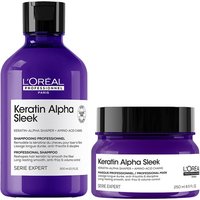 Purple L'Oréal Keratin Alpha Sleek shampoo bottle and matching hair mask jar with white labels.