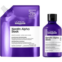 Purple L'Oréal Professionnel Keratin Alpha Sleek shampoo bottle and refill pack with white text and branding.