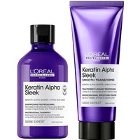 Purple L'Oréal Professionnel Keratin Alpha Sleek shampoo bottle and smooth transf tube with white labels.