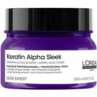 Purple jar of L'Oréal Keratin Alpha Sleek Hair Mask with white label and black text, 250ml size.