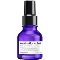 Purple bottle of L'Oréal Keratin Alpha Sleek Hair Serum with black pump and white label.