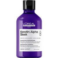 Purple L'Oréal Professionnel Keratin Alpha Sleek Shampoo bottle with white label and black cap.