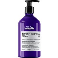 Purple L'Oréal Professionnel Keratin Alpha Sleek Shampoo bottle with pump dispenser and white label.
