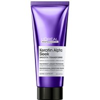 Purple tube of L'Oréal Professionnel Keratin Alpha Sleek Smooth Transformer with white label and black cap.