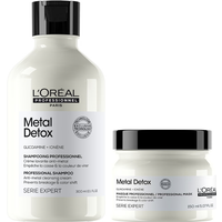 L'Oréal Professionnel Metal Detox shampoo and hair mask in white bottles with black caps and labels.