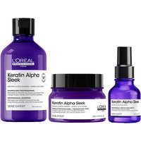 L'Oréal Professionnel Keratin Alpha Sleek set with purple shampoo, hair mask jar, and spray bottle.