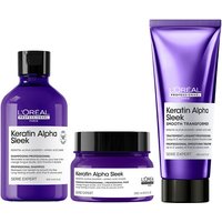 Purple L'Oréal Professionnel Keratin Alpha Sleek shampoo, hair mask, and smoothing cream with white labels.