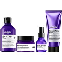 Purple L'Oréal Professionnel Keratin Alpha Sleek set with shampoo, hair mask, spray, and tube, white labels.