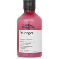 Pink L'Oréal Professionnel Pro Longer shampoo bottle with black cap and white label, 300ml size.