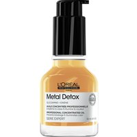 L'Oréal Metal Detox oil in a clear bottle with black pump, 50ml, amber liquid, Série Expert label.