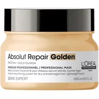 L'Oréal Professionnel golden jar mask with black lid, labeled "Absolut Repair Golden" for dry, damaged hair, 250ml.