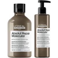 L'Oréal brown shampoo bottle with black cap and matching serum pump bottle, labeled "Absolut Repair Molecular."