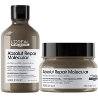 Brown L'Oréal shampoo bottle and matching jar of rinse-off mask with white labels and black text.
