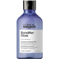 Blue bottle of L'Oréal Professionnel Serie Expert Blondifier Gloss Shampoo, 300ml, with black cap and white label.