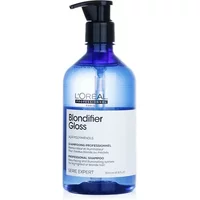 Blue bottle of L'Oréal Blondifier Gloss Shampoo 500ml with black pump and white label.