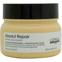 L'Oréal Professionnel Absolut Repair Mask, gold jar, black lid, 250ml, Serie Expert label, for dry and damaged hair.