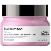 Pink jar of L'Oréal Professionnel Serie Expert Liss Unlimited Mask with black lid and white label.