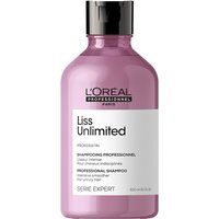 Pink bottle of L'Oréal Professionnel Serie Expert Liss Unlimited Shampoo, 300ml, with black cap and white label.
