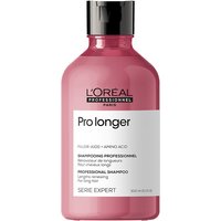 Pink bottle of L'Oréal Professionnel Serie Expert Pro Longer Shampoo, 300ml, with black cap and white label.