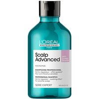 L'Oreal blue bottle shampoo with white label, black cap, and "Scalp Advanced" text in bold.