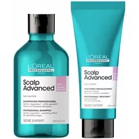 Teal L'Oréal shampoo bottle and matching hair treatment tube with black caps, labeled "Scalp Advanced."