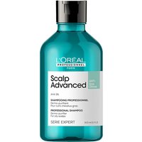 Teal bottle of L'Oréal Professionnel Serie Expert Scalp Advanced Anti-Oiliness Shampoo with black cap and white label.