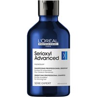 Blue L'Oréal Professionnel Serioxyl Advanced Shampoo bottle with black cap and white label detailing.
