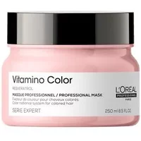 Pink jar of L'Oréal Vitamino Colour mask with black lid and white label, 250ml size.