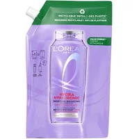 L'Oreal Elvive Hydra Hyaluronic Shampoo 500ml refill pouch, purple with white cap and eco-friendly label.