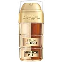 Gold and clear dual-chamber bottle of L'Oreal Paris Age Perfect Age Defying Serum Le Duo, 15ml mini size.