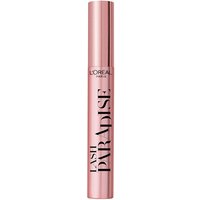 Pink tube of L'Oreal Paris Intense Volume Mascara, Lash Paradise in Black, with black text and sleek design.