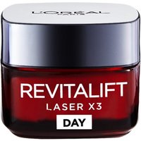 Red L'Oreal Paris Revitalift Laser X3 Day Cream jar with silver lid, 50ml, anti-ageing formula.