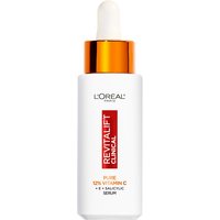 White L'Oreal Paris Revitalift Clinical serum bottle with red label, dropper cap, 12% Pure Vitamin C text.