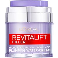 L'Oreal Paris Revitalift Filler Plumping Water Cream, 50ml, in a purple jar with a silver lid and red label.