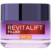 Purple L'Oreal Paris Revitalift Filler Renew SPF 50 Day Cream jar with dark lid and red label.
