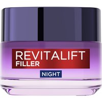 L'Oreal Paris Revitalift Filler Night Cream, purple jar with dark purple lid, red and white label.