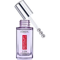 L'Oreal Revitalift Eye Serum, clear bottle with silver cap, dropper applicator, red label, 2.5% hyaluronic acid.