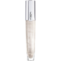 Clear tube of L'Oreal Paris Signature Plumping Lip Gloss with silver cap, shade 400 Maximise, shimmering finish.