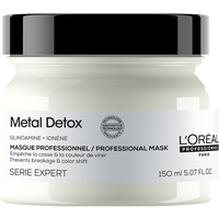 L'Oreal Professionnel Metal Detox Hair Mask in a white jar with black lid, 150 ml, labeled for breakage prevention.
