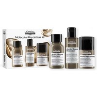 L'Oreal Absolut Repair Molecular Mini Trio Kit with gold bottles, black caps, and white labels in branded packaging.